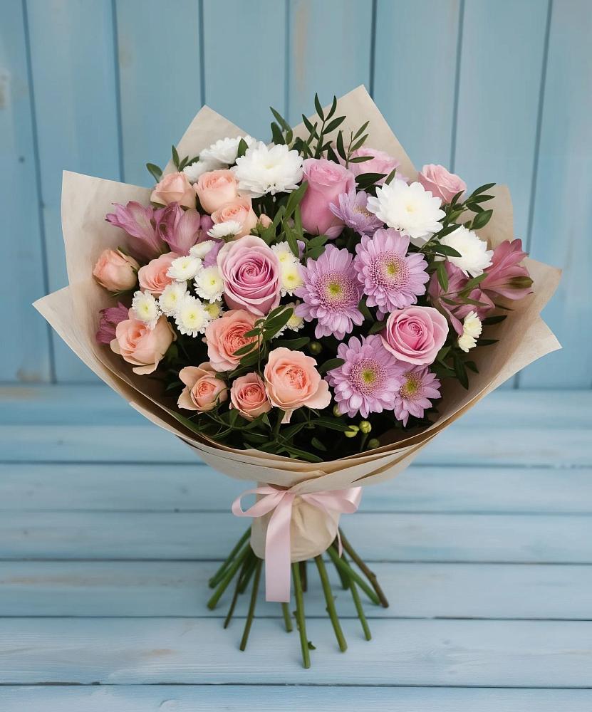 Букет цветов из: Хризантемы, Розы и Альстромерии в Чернолучинском