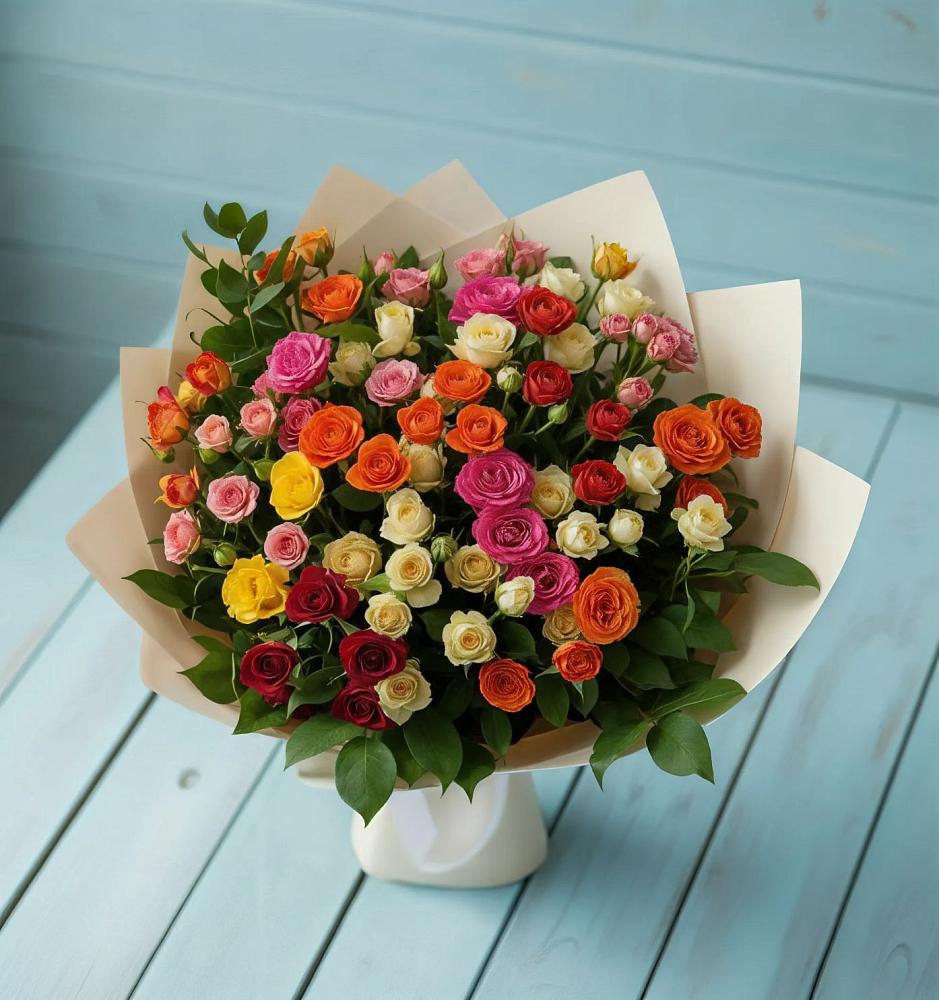 Букет Микс из разноцветных кустовых роз в Чернолучинском