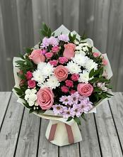 Букет цветов из:  Альстромерии, Гвоздики, Розы и Хризантемы в Чернолучинском