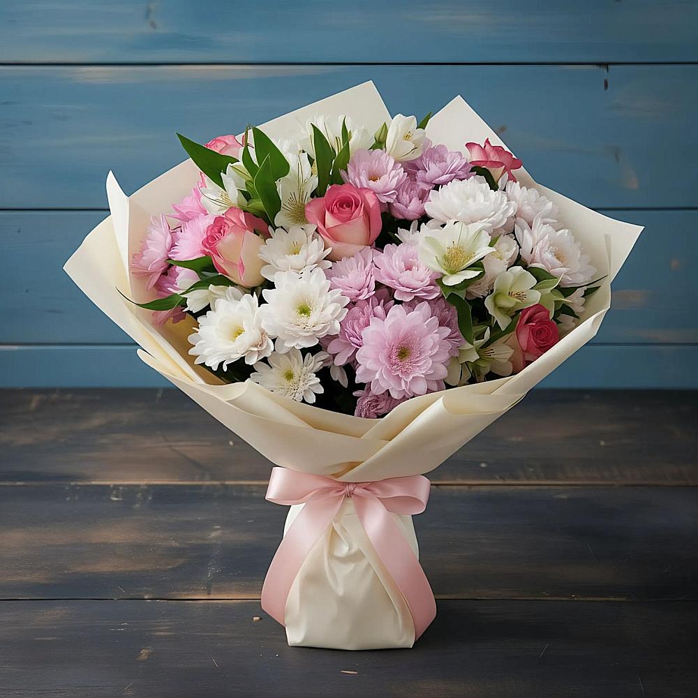 Букет цветов из: Хризантемы, Альстромерии и Розы в Чернолучинском